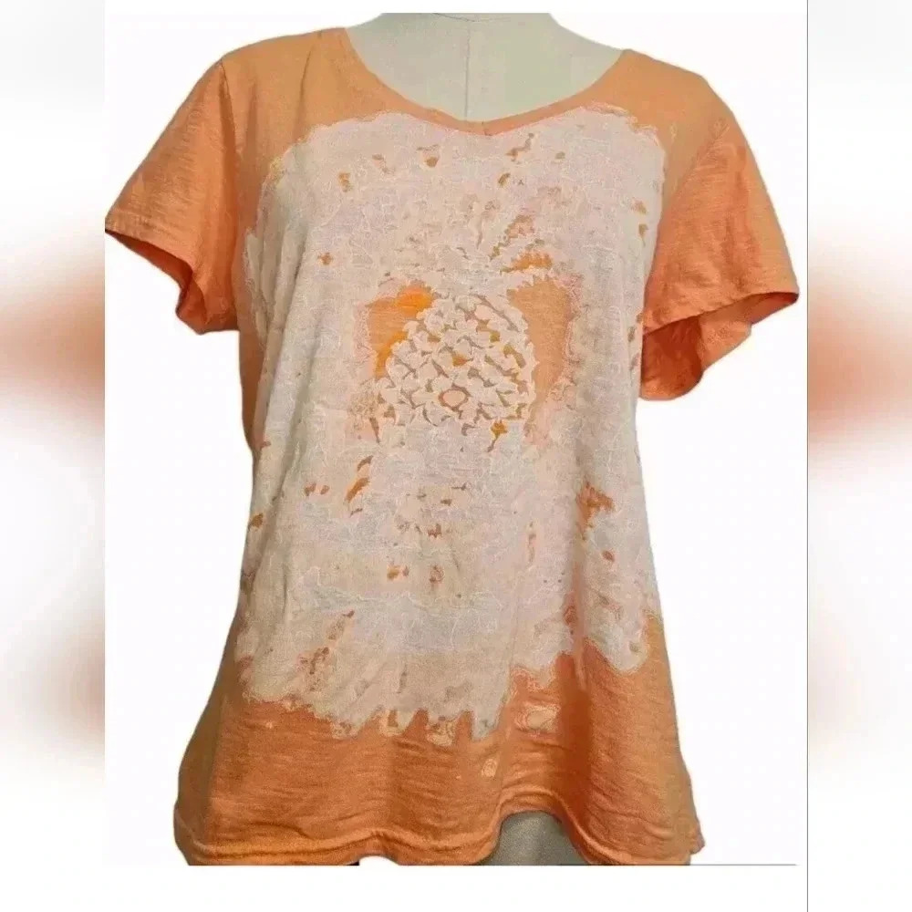 Carribean Joe Orange Short Sleeve T-Shirt Pineapple SZ Petite XL Womens